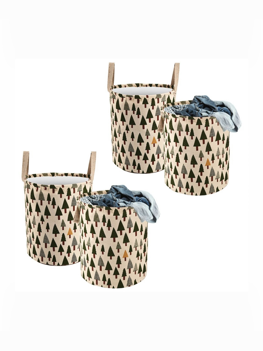 Aura 4Pcs Green & Beige Tree-Printed Cotton Foldable Laundry Bag With Handle - 60 L