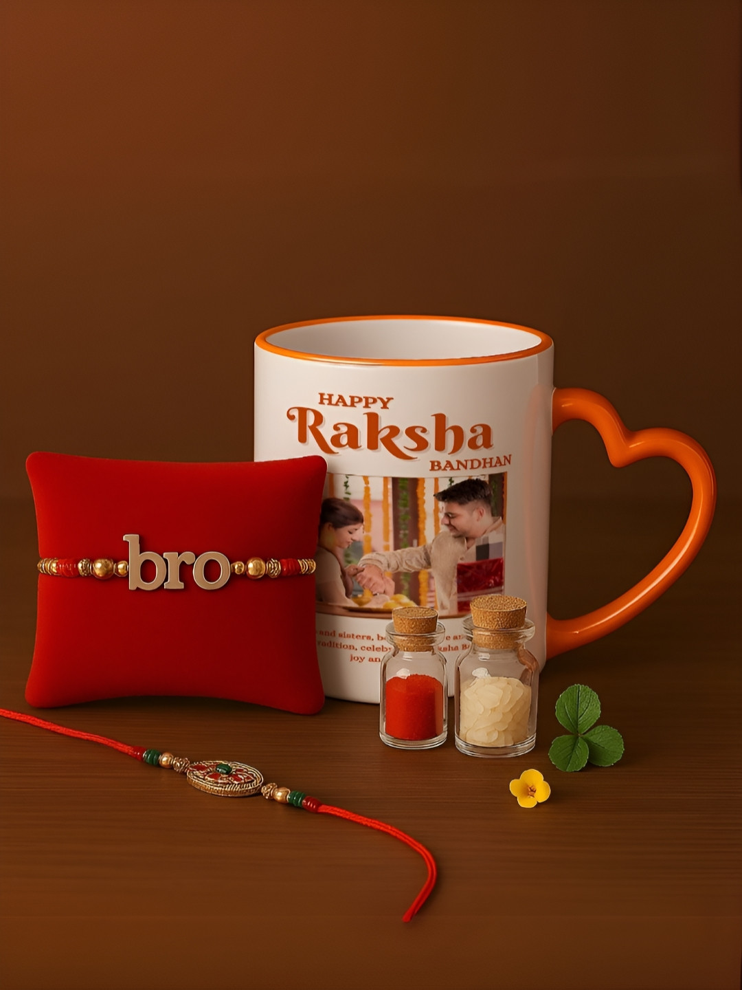 INTERNATIONAL GIFT Set Of 4 Yellow Thread Rakhi With Roli Chawal And Mug