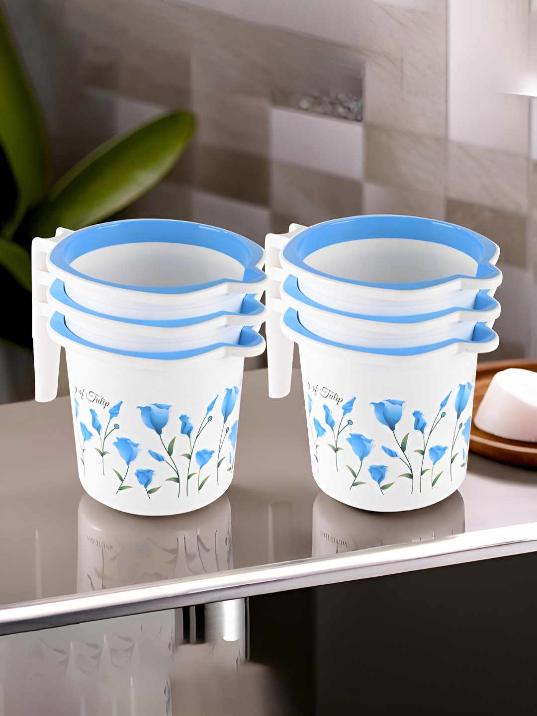 Aura White & Blue 6 Pcs Multi-Functional 1.5 Liter Plastic Mug Bathroom Durable Daily Use