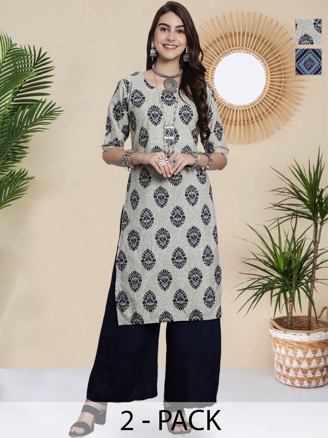 HERE&NOW Women Pack Of 2 Printed Straight Kurtas