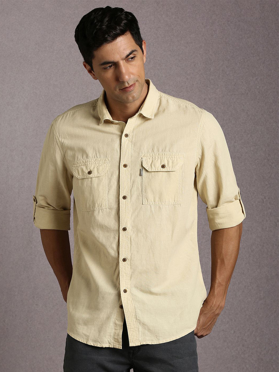 Louis Philippe Jeans Spread Collar Slim Fit Cotton Linen Shirt