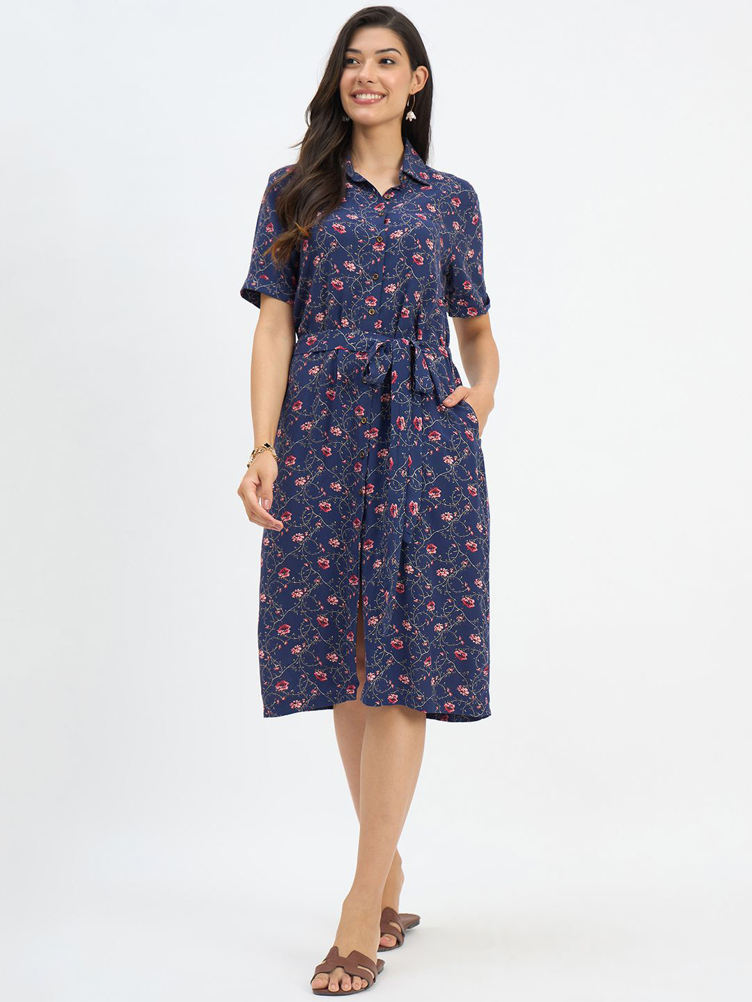 Color Cocktail Floral Print Slits Shirt Collar Roll-Up Sleeves Wrap Dress