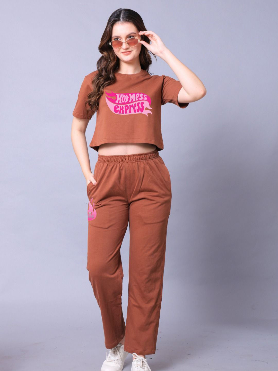 Hot Mess Express Typographic Printed Round Neck Crop Top With Trousers Co-Ords