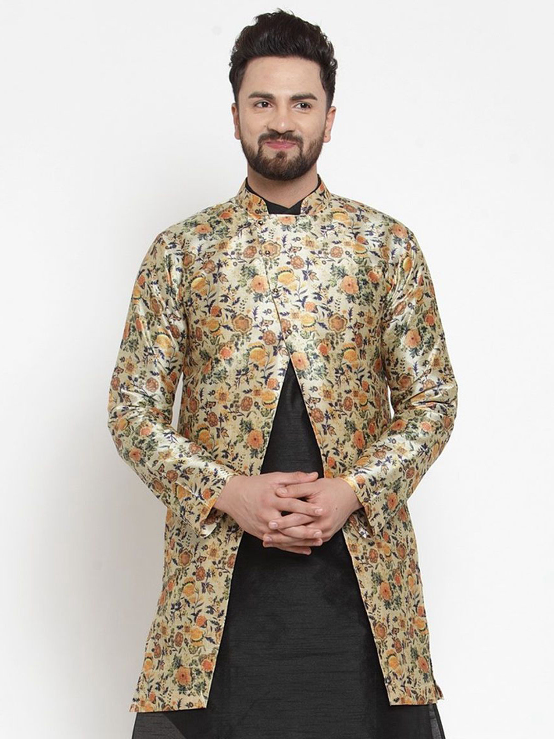 Kaifoo Men Floral Printed Satin Longline Coat