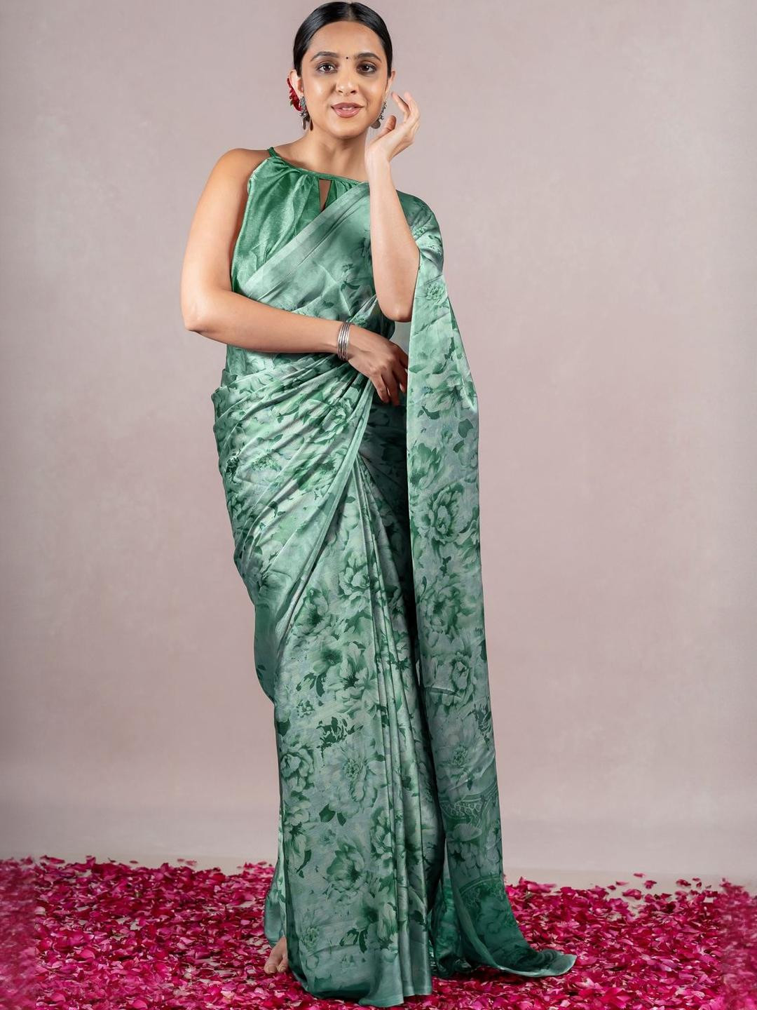 KALINI Green Poly Chiffon Sarees