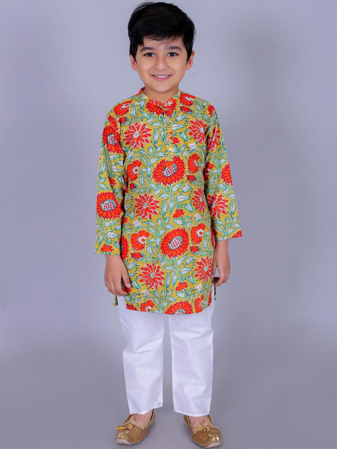 FabJunior Boys Olive Pure Cotton Kurta Sets