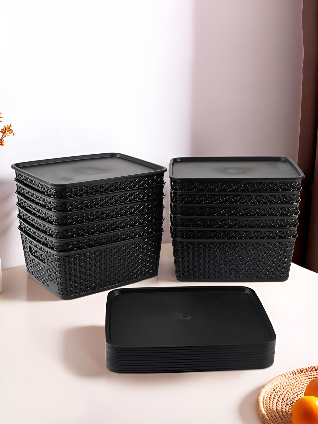 Aura Black 12 Pcs Stackable Plastic Multi-Purpose Storage Box with Lid