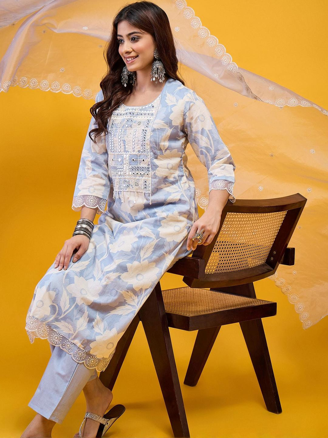 Moda Rapido Women Blue Pure Cotton Kurta Sets