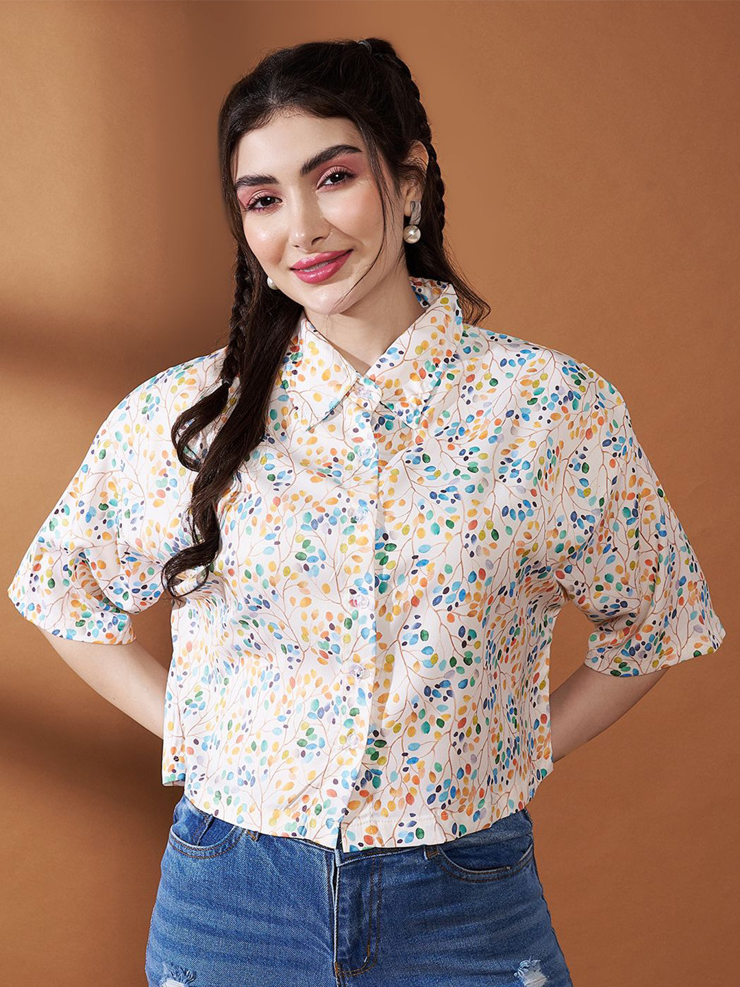 Purple Feather Floral Printed Boxy Fit Crop Shirt
