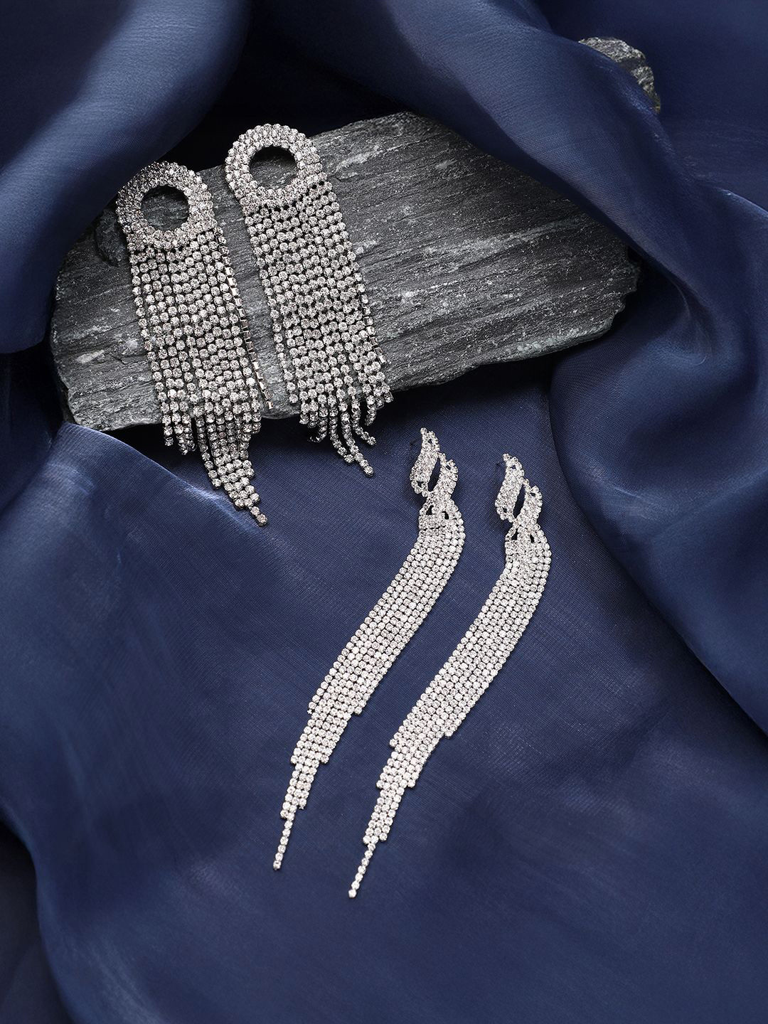 SOHI Set Of 2 Silver-Plated Crystal Bling Drop Earrings