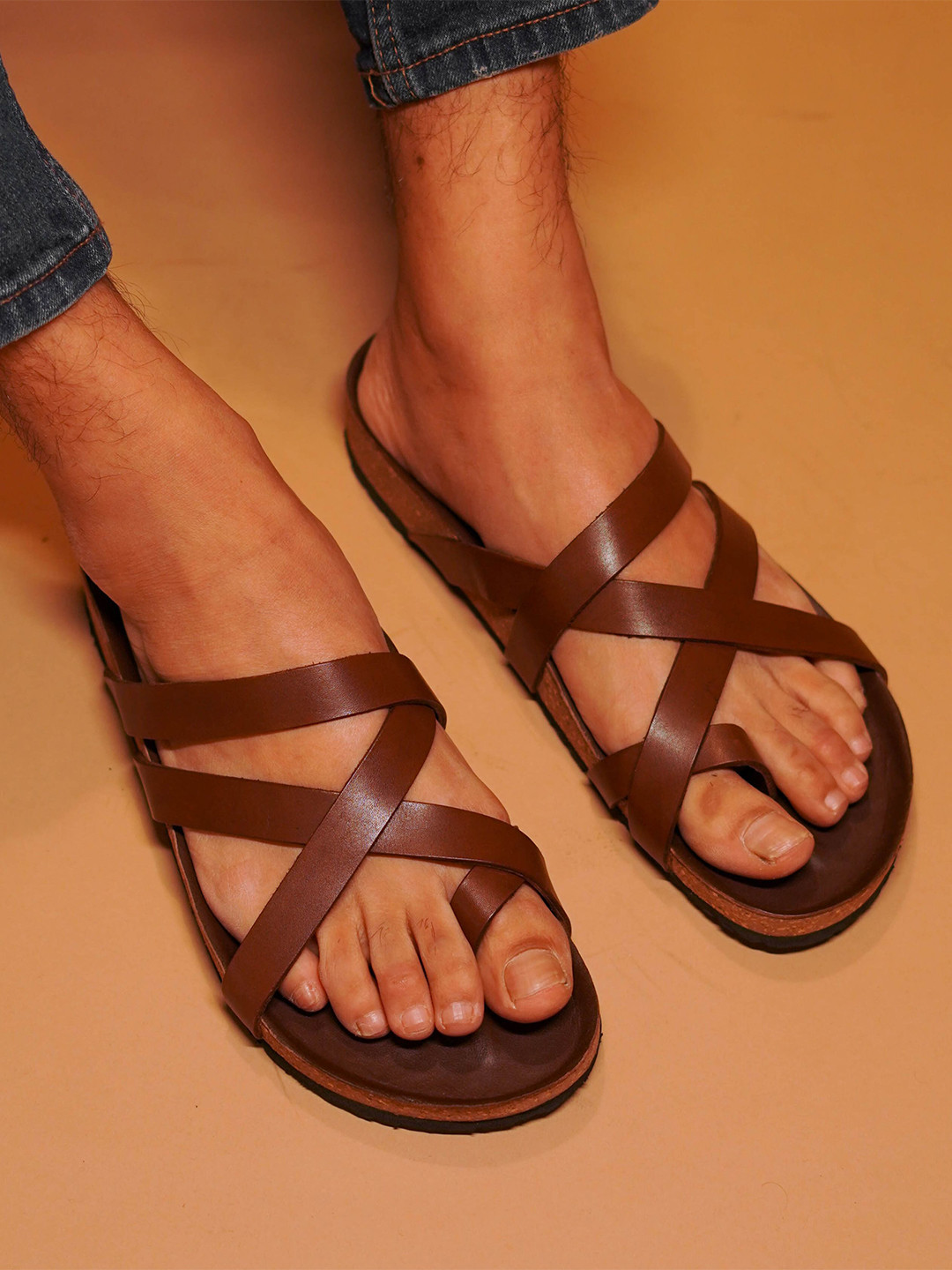 dmodot Men Leather Pelle Corko Espresso Slip-On Sandals