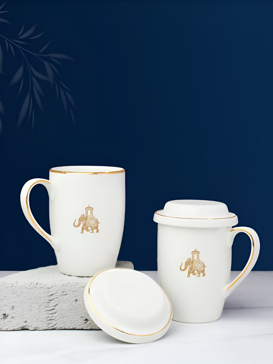 Vola Global LLP White Animal Print Porcelain Handmade 2 Piece Mug with Lid-230ml