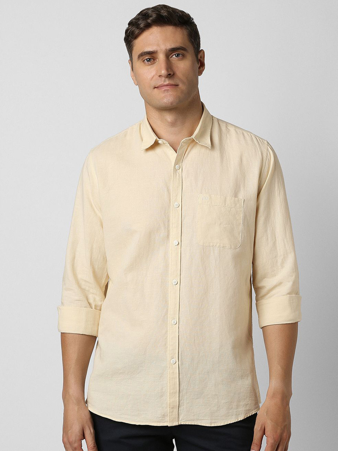 Peter England Casuals Spread Collar Cotton Linen Slim Fit Shirt