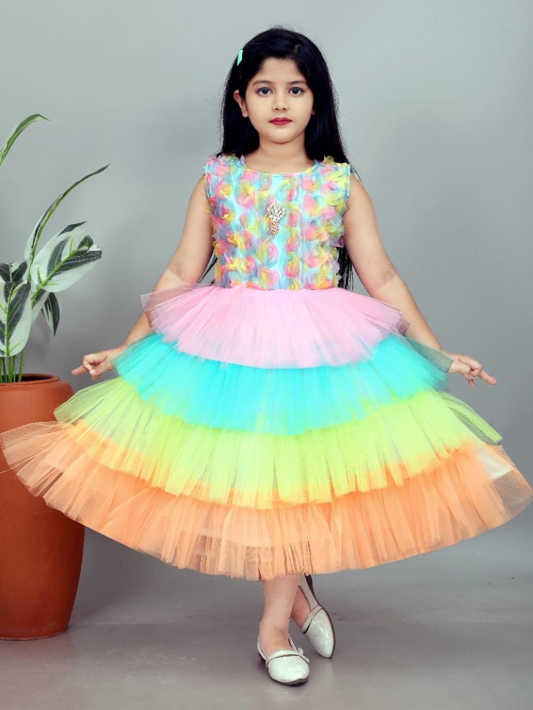 Jhilik Garments Girls colourblocked net sleeveless frocks