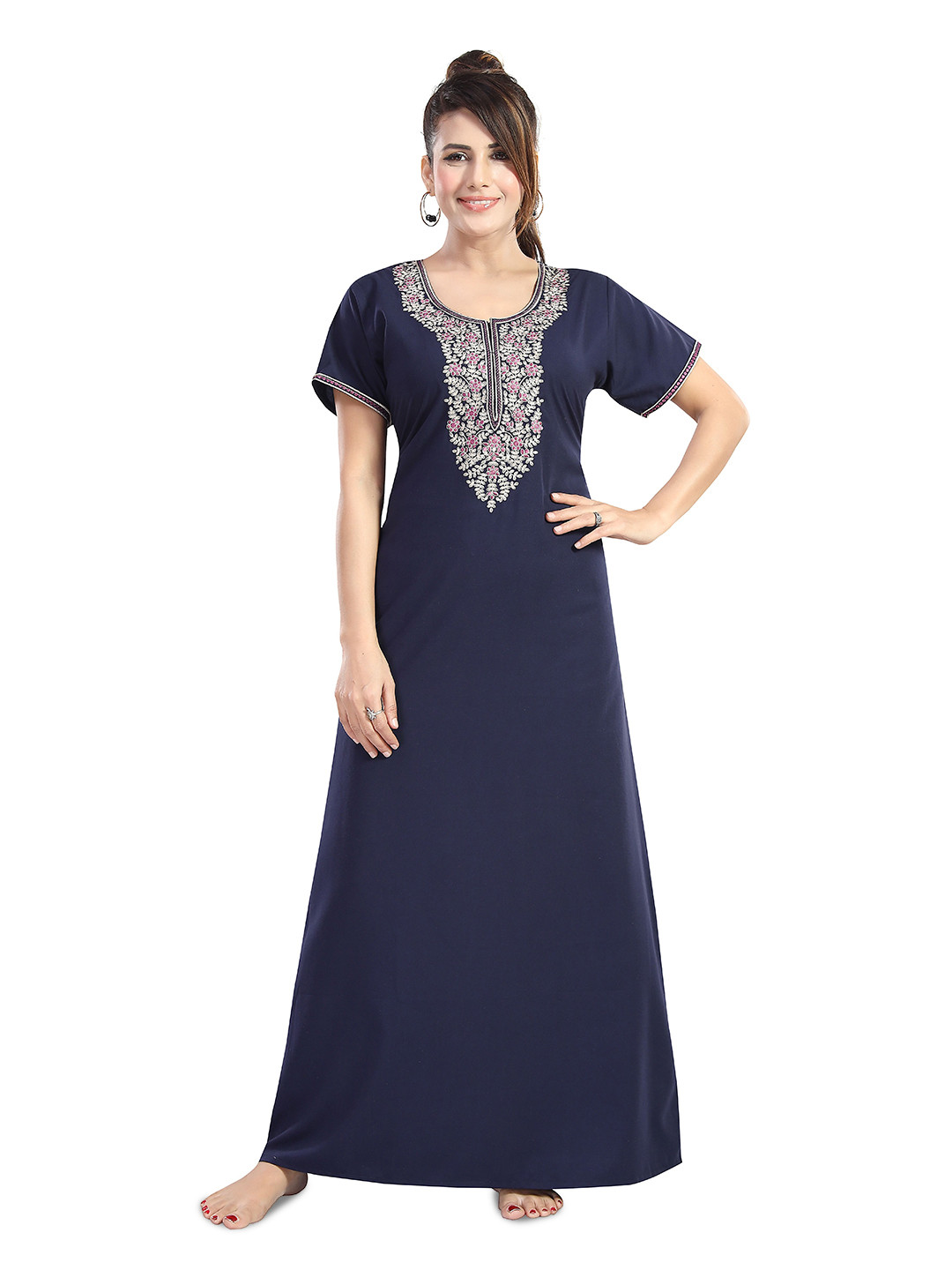 NIGHT QUEEN Women Short Sleeves Maxi Nightdress