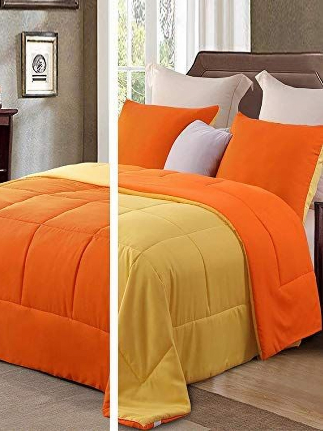RF RELAXFEEL Yellow & Orange Checked Microfiber Heavy Winter 210 GSM Double Bed Comforter