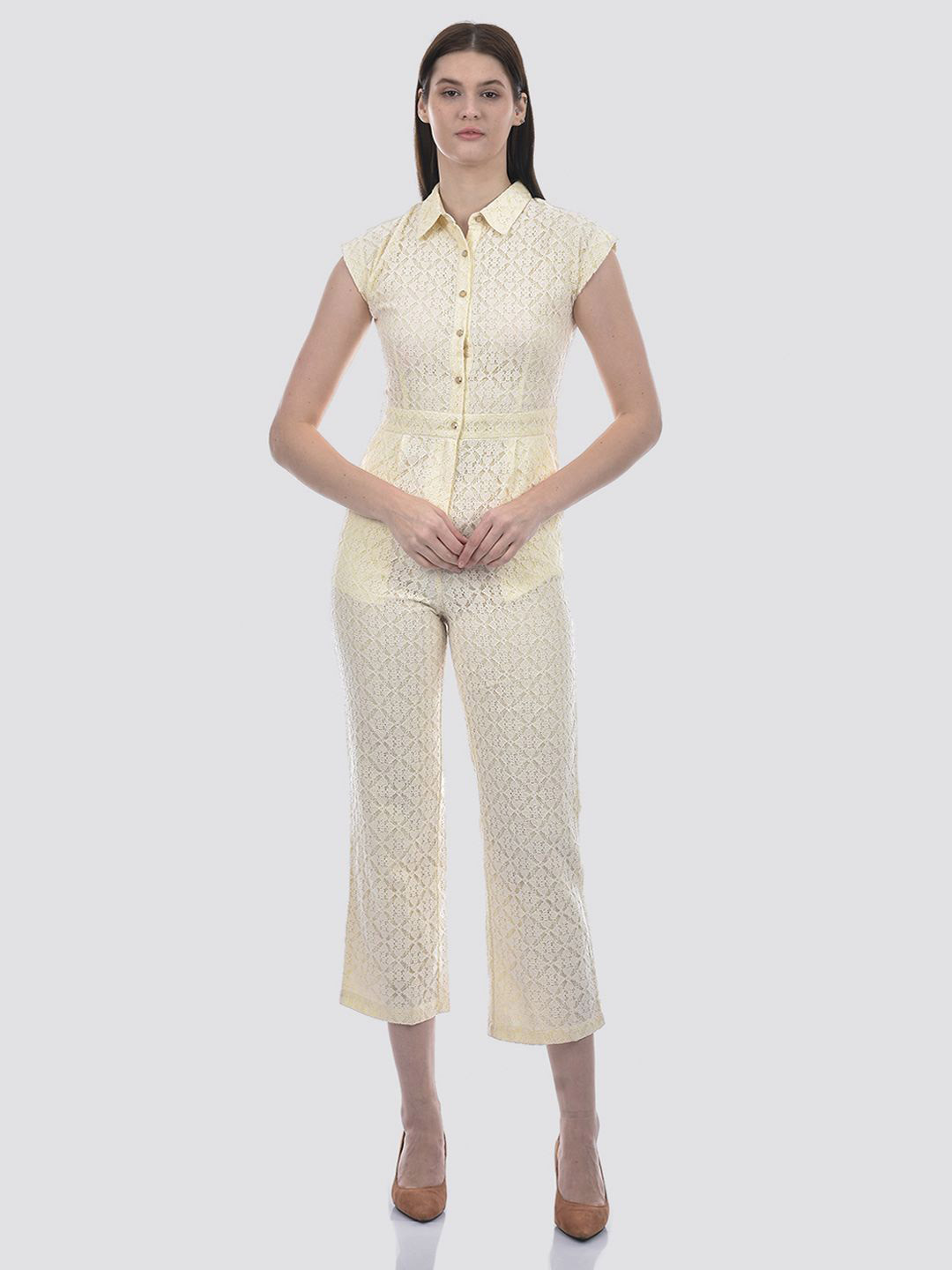 CAMLA Women Self Design Shirt Collar Basic Jumpsuit