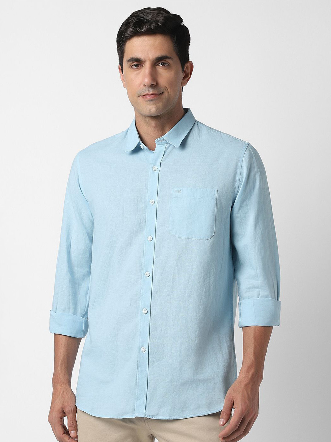Peter England Casuals Spread Collar Cotton Linen Slim Fit Shirt
