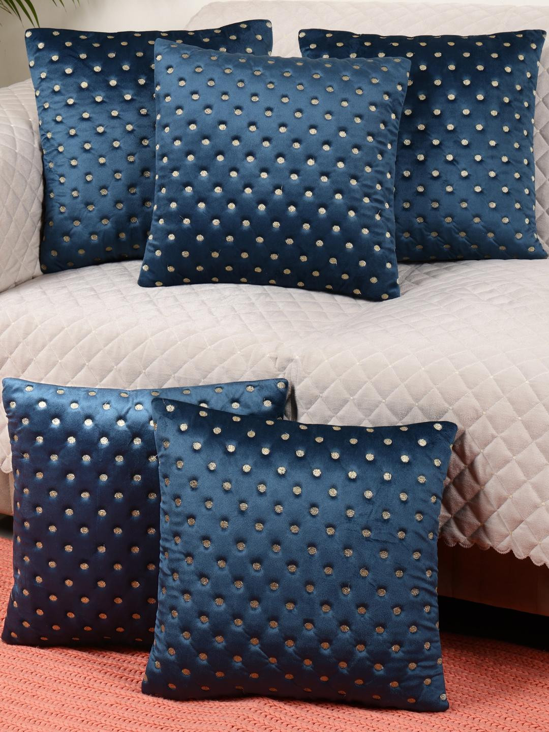 MONKDECOR Polka Dots Velvet Durable 5 Pcs Embroidered Square Cushion Covers - 16 x 16 In