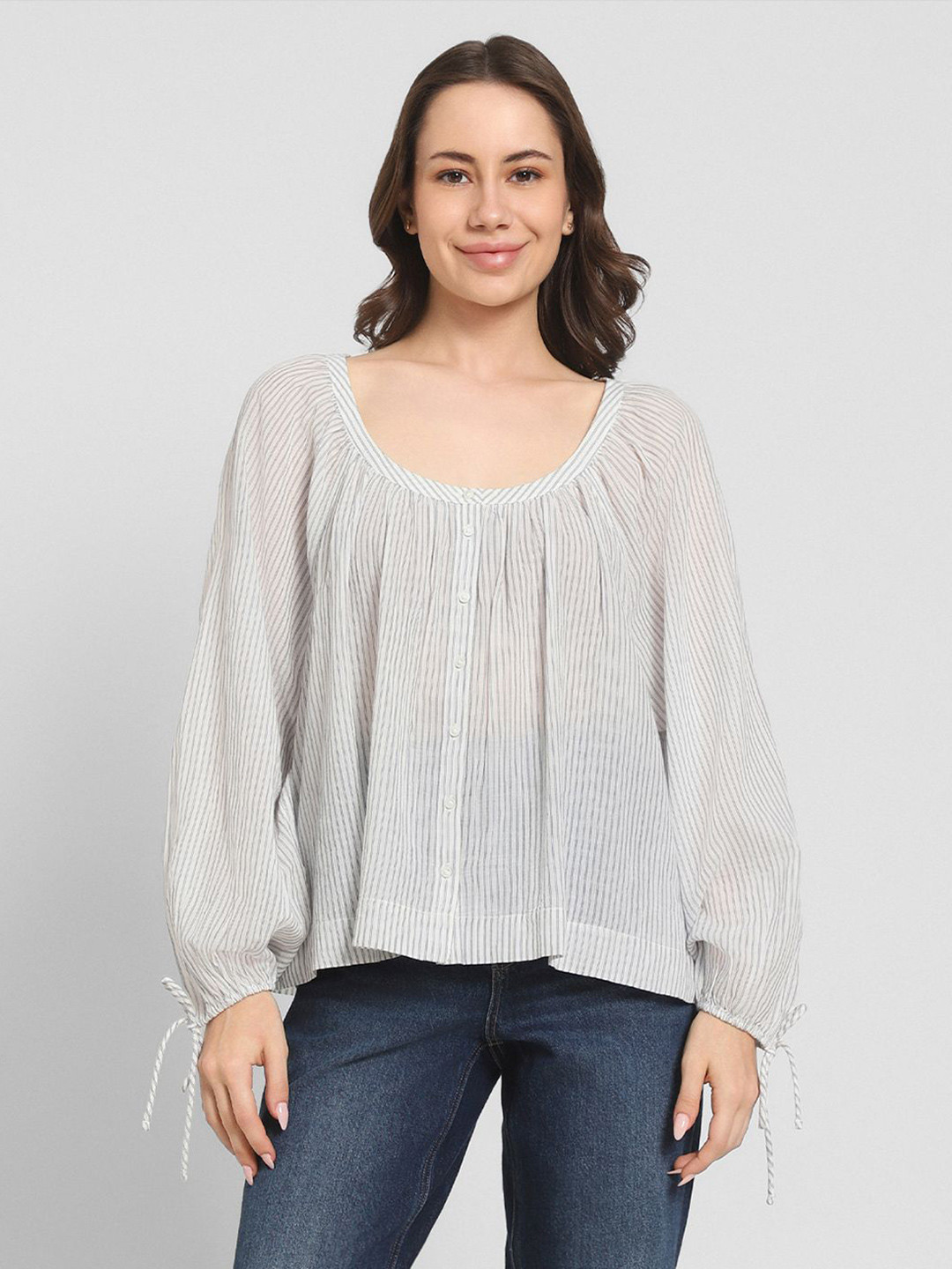 AMERICAN EAGLE OUTFITTERS Women Striped Scoop Neck Pure Cotton Empire Top