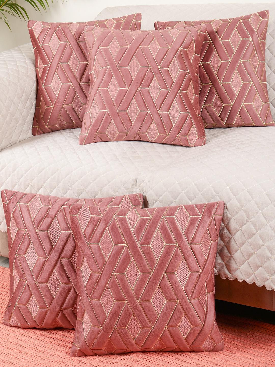 MONKDECOR Geometric Design Velvet Durable 5 Pcs Embroidered Square Cushion Covers -16x16In