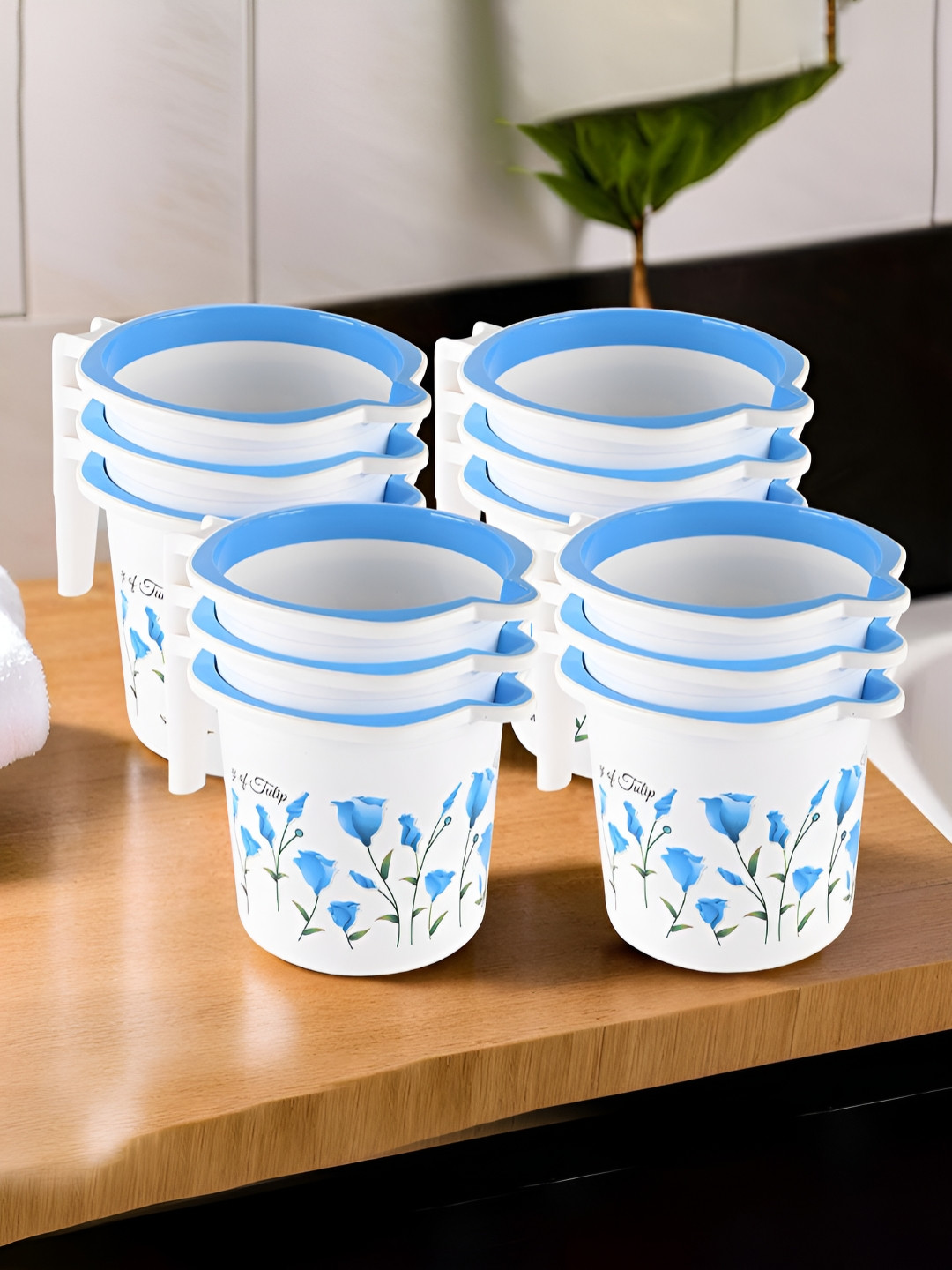 Aura White & Blue 12 Pcs Multi-Functional 1.5 Ltr Plastic Mug Bathroom Durable Daily Use