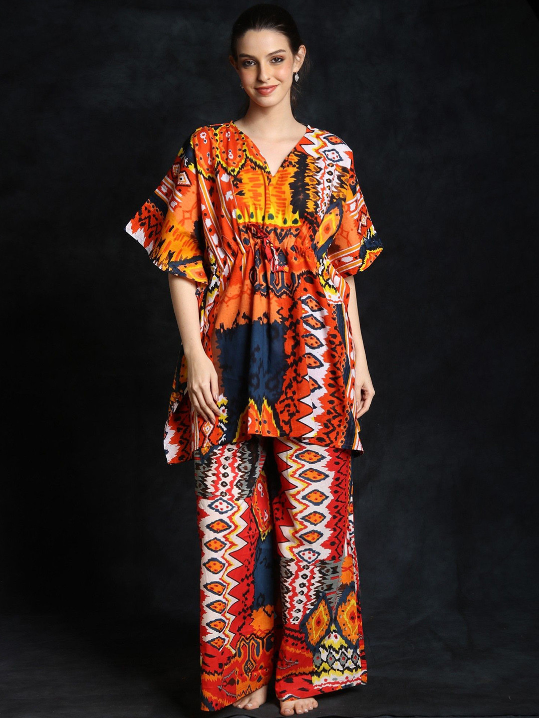 Exotic India Printed Pure Cotton Kaftan Style With Palazzo Co-Ords