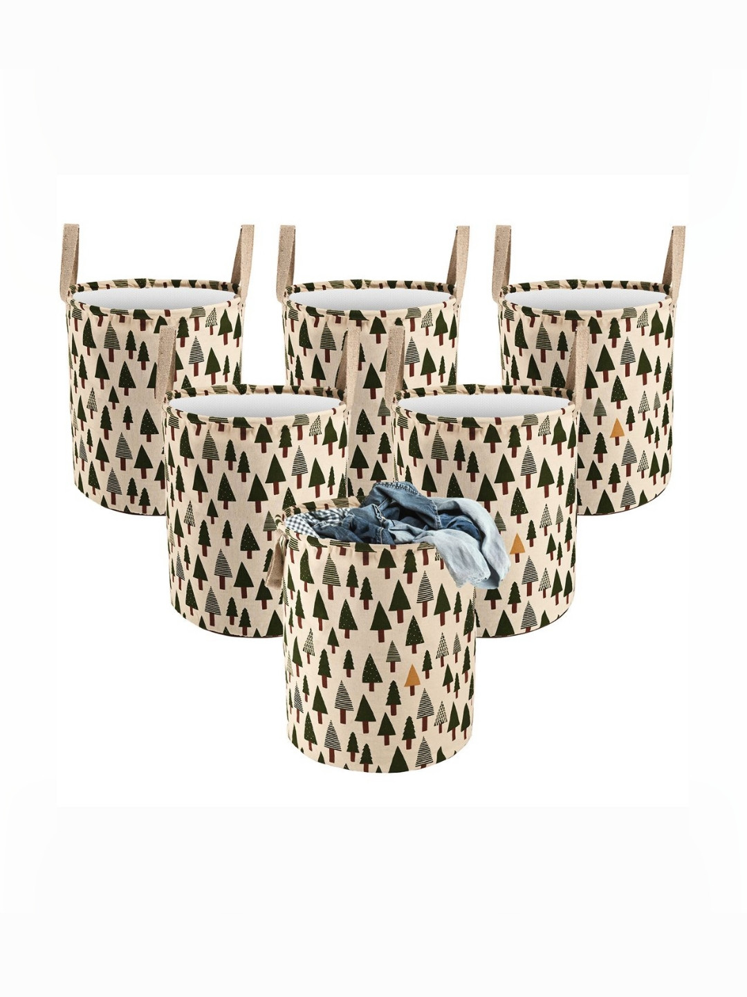 Aura 6Pcs Beige & Green Tree-Printed Cotton Foldable Laundry Bag With Handle - 60 L