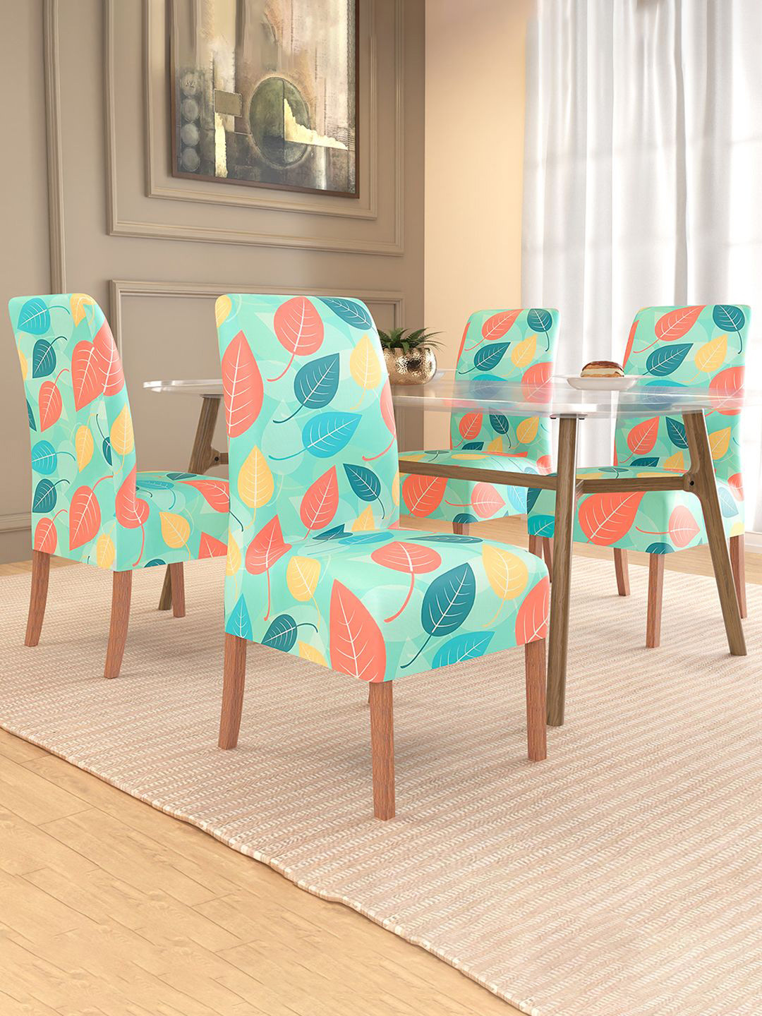 Kuber Industries 4-Pcs Blue & Green Flower Printed Stretchable Center Table Chair Cover