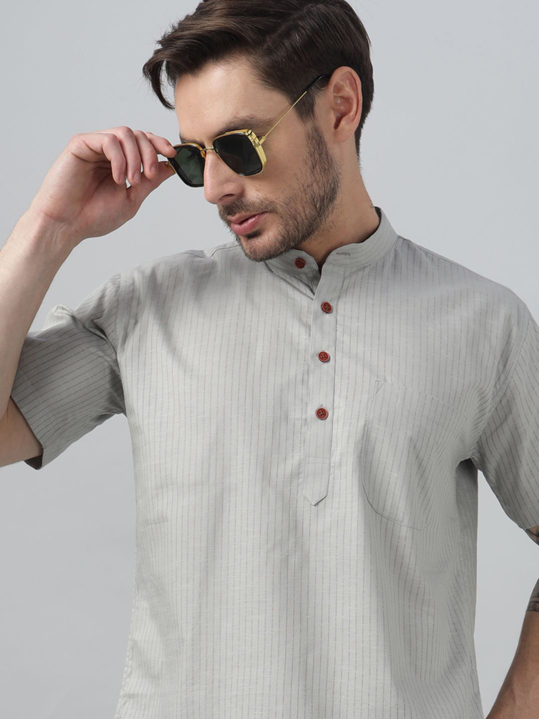 Hancock Men Striped Band Collar Summer Sheers Kurta