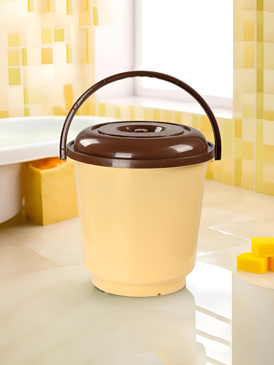 Aura Cream & Brown 18L Bucket for Bathroom Kitchen & Home with Lid & Carry Handle