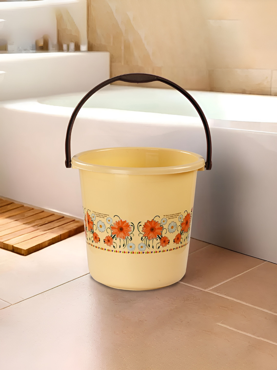 Aura Cream-Coloured Floral Multipurpose 18 Ltr Bath Bucket for Bathroom Kitchen & Home