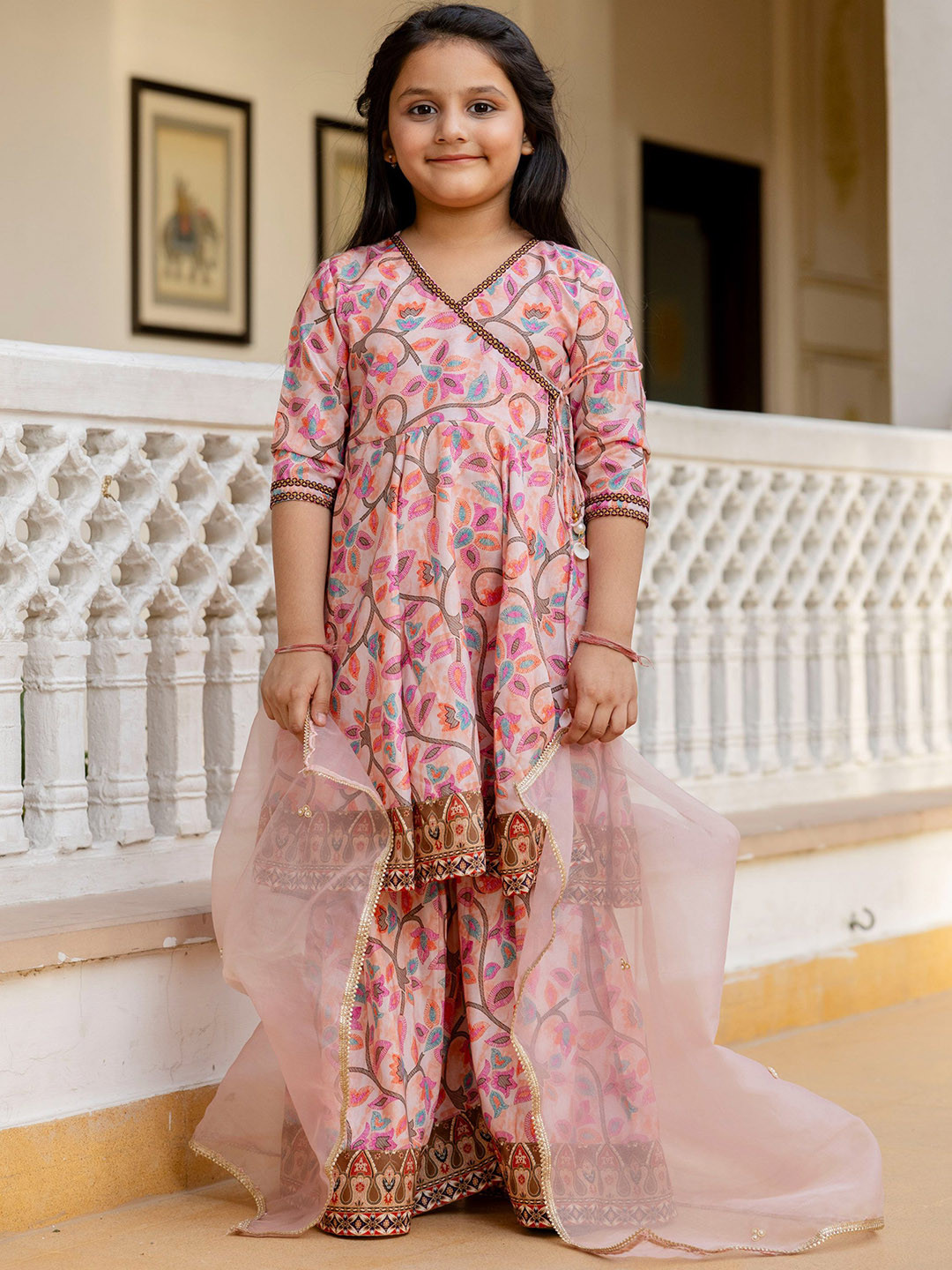 Sangria Girls Ethnic Motifs Printed Angrakha Muslin Kurta & Sharara With Dupatta