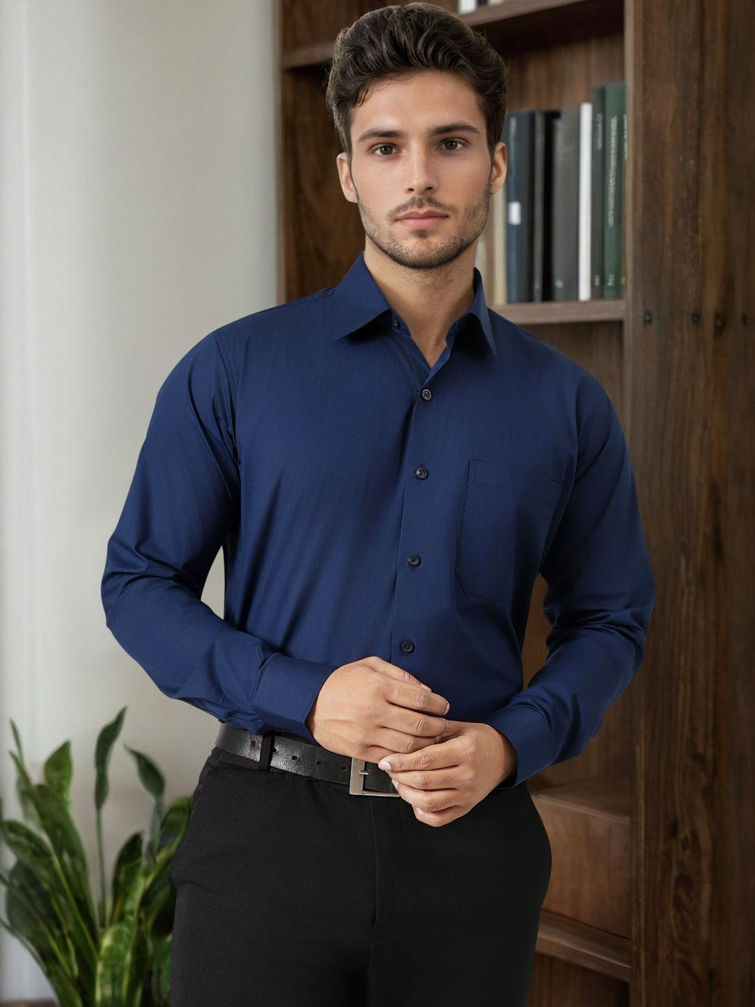 Haute Tissue Plain Navy Blue Formal Shirt