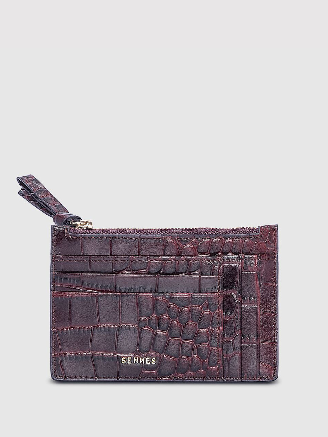 SENNES Unisex Geometric Zip Detail Leather Card Holder