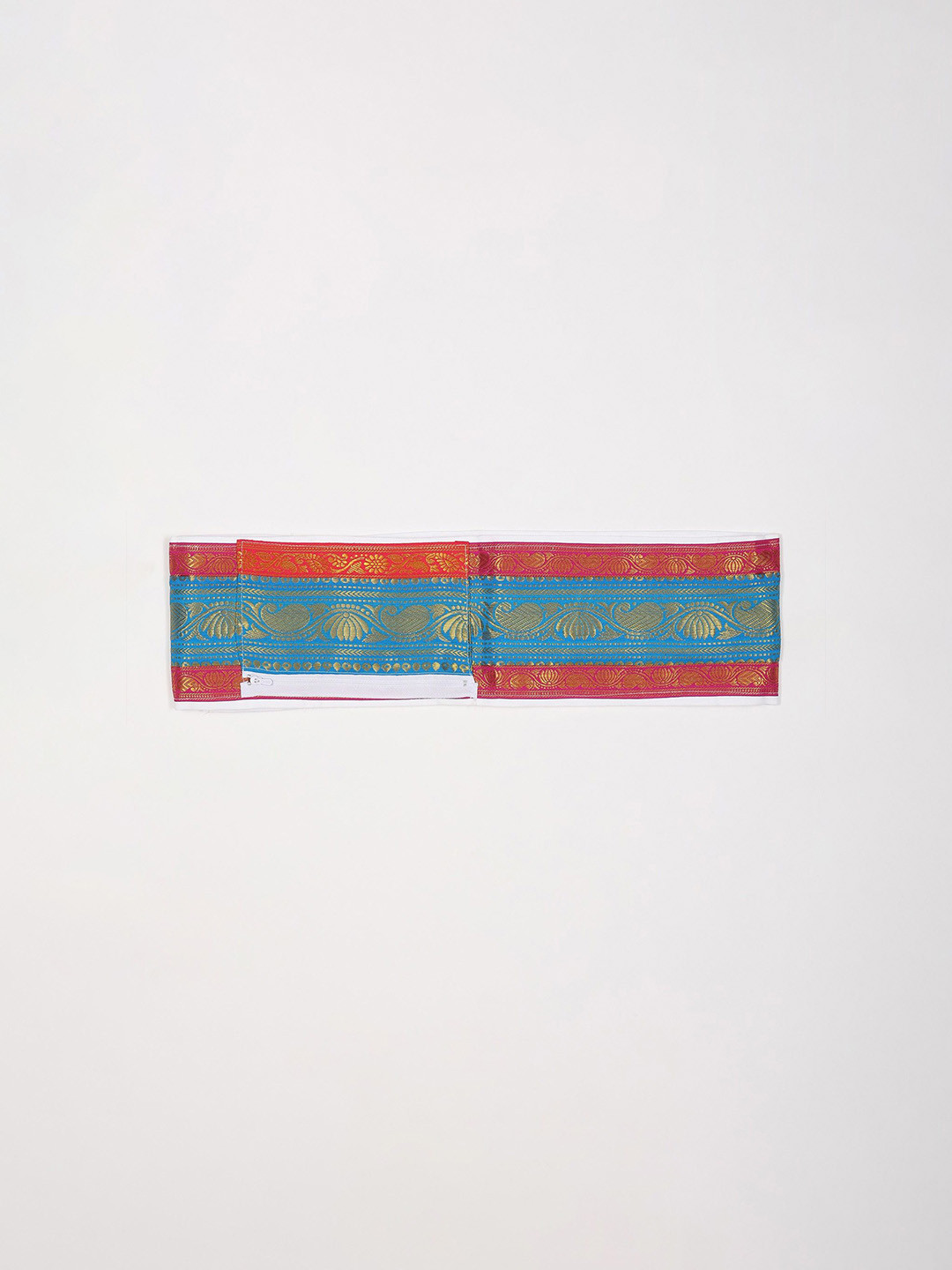 Exotic India Adjustable Velcro Closure Dhoti Belt with Zip Pouch & Zari Woven Paisley Vine