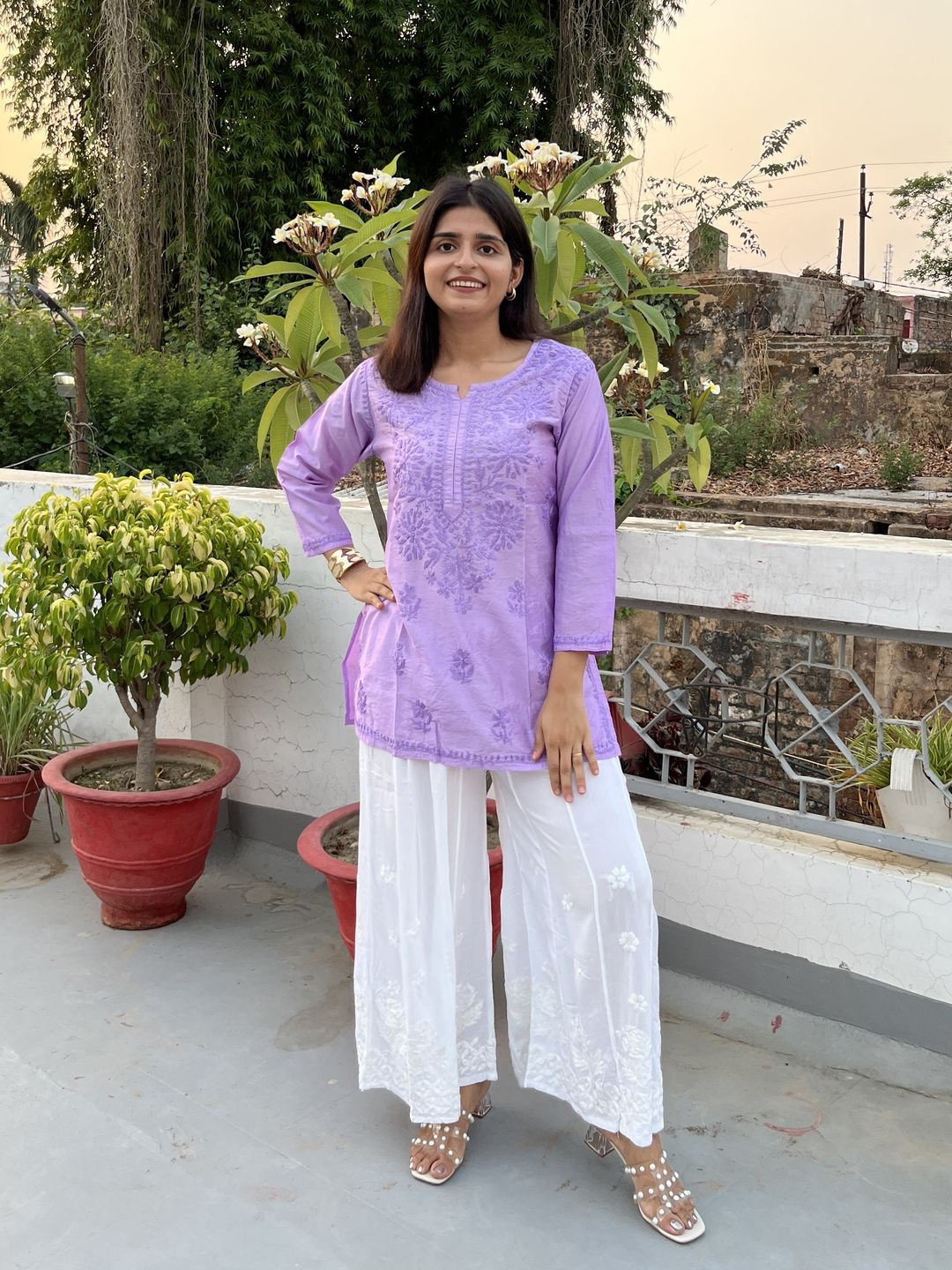 Everything In Chikankari Lavender Chanderi Chikankari Embroidered Short Kurtis