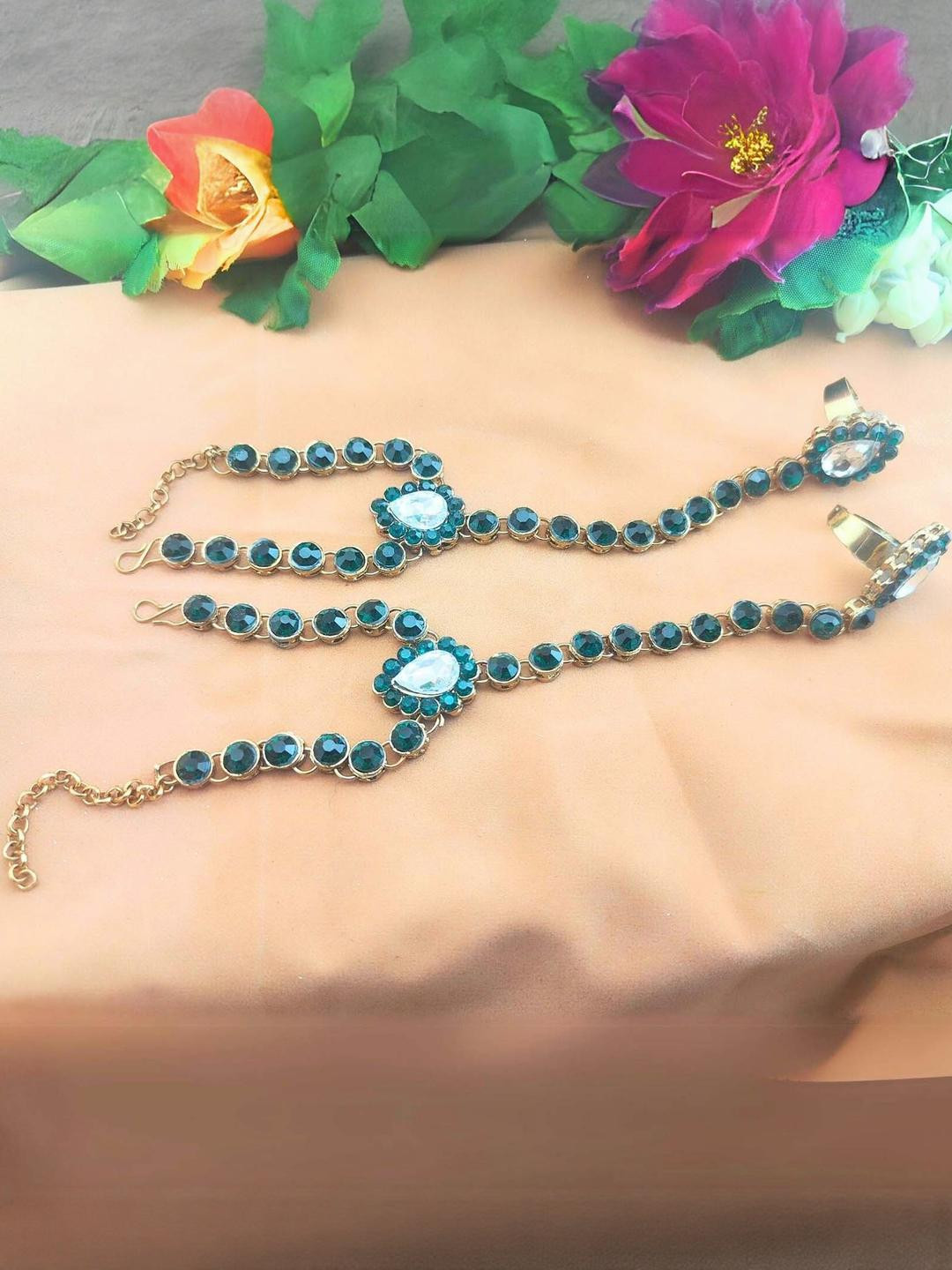 Green Brass Free Size Stone Stud Finger Ring Hathphool Bracelet