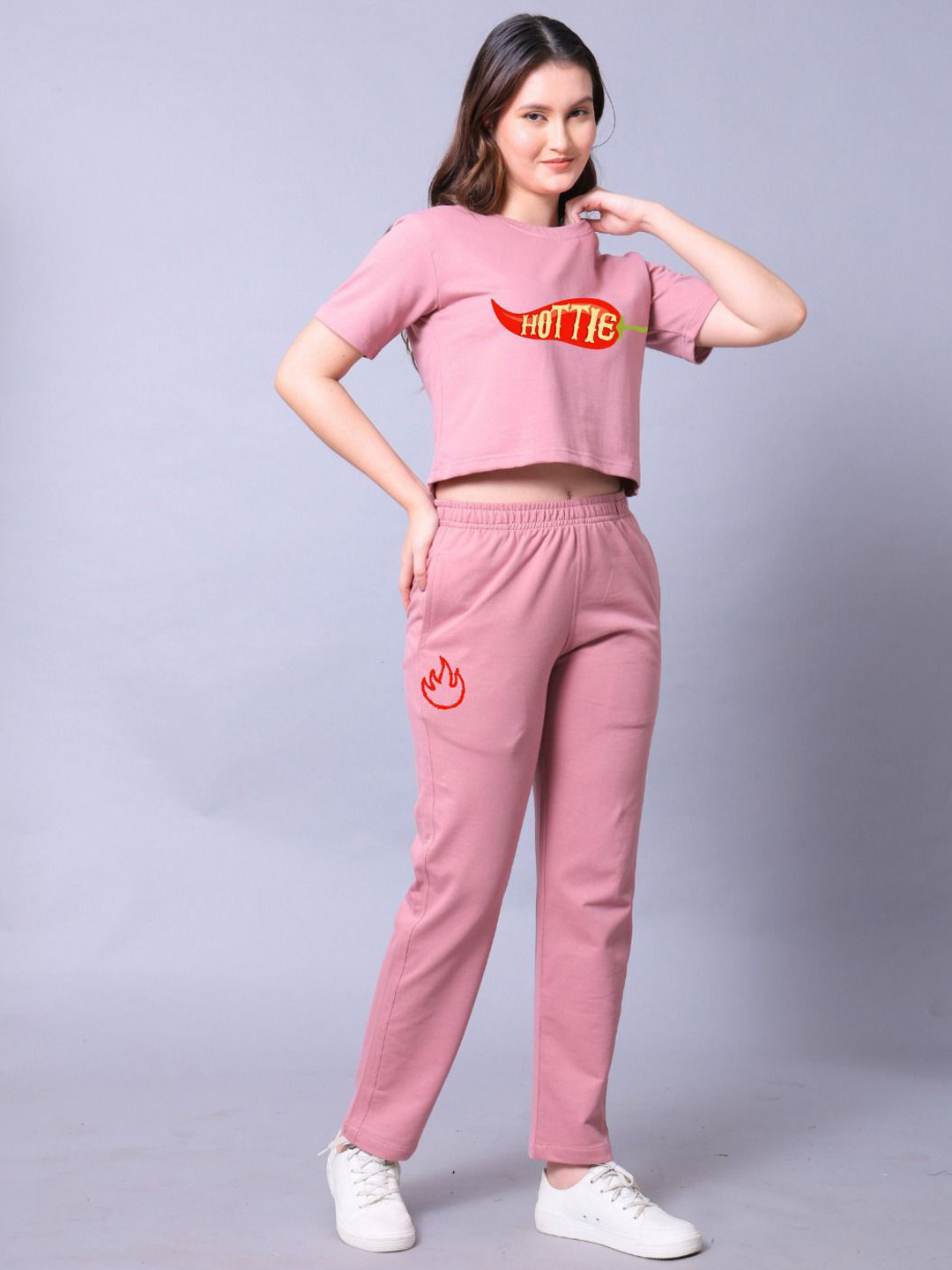 Lazy Lush Pink Typographic Printed Round Neck Crop Top With Trousers Co-Ords