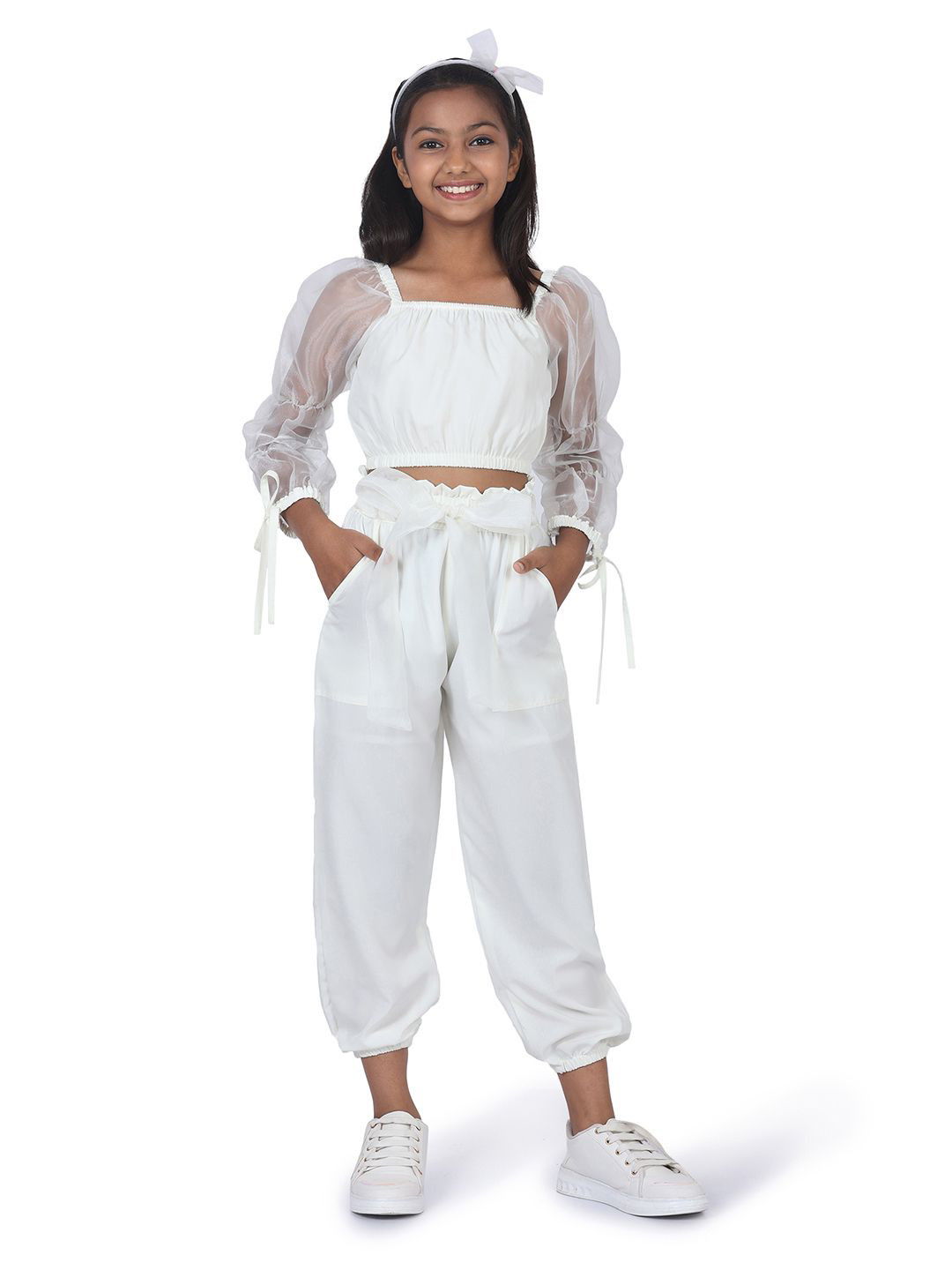 SILK SPARROW Girls Square Neck Puff Sleeve Top With Trousers