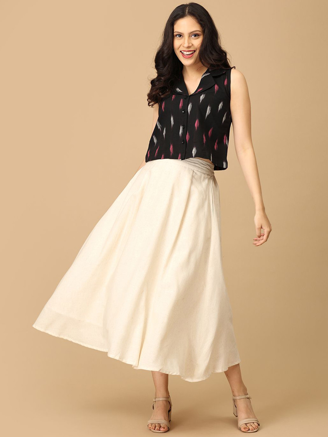 The Woman Store Ikkat Printed Pure Cotton Mandarin Collared Top With Skirt Co-Ords