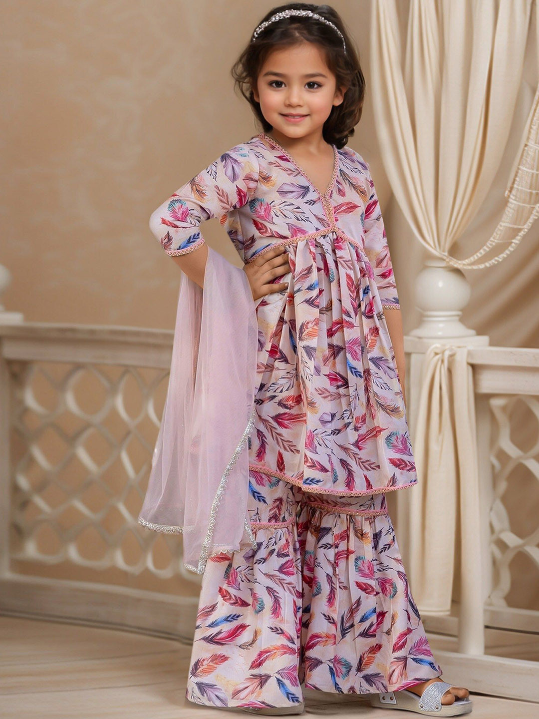 Sangria Girl's Ethnic Motifs Printed V-Neck Aliya-Cut Kurta & Sharara With Dupatta