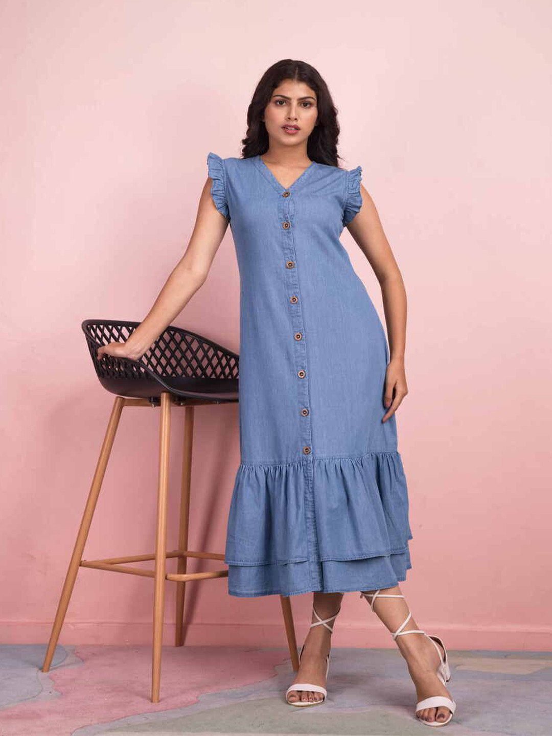 Komarri U Ruffled Denim Fit & Flare Midi Dress