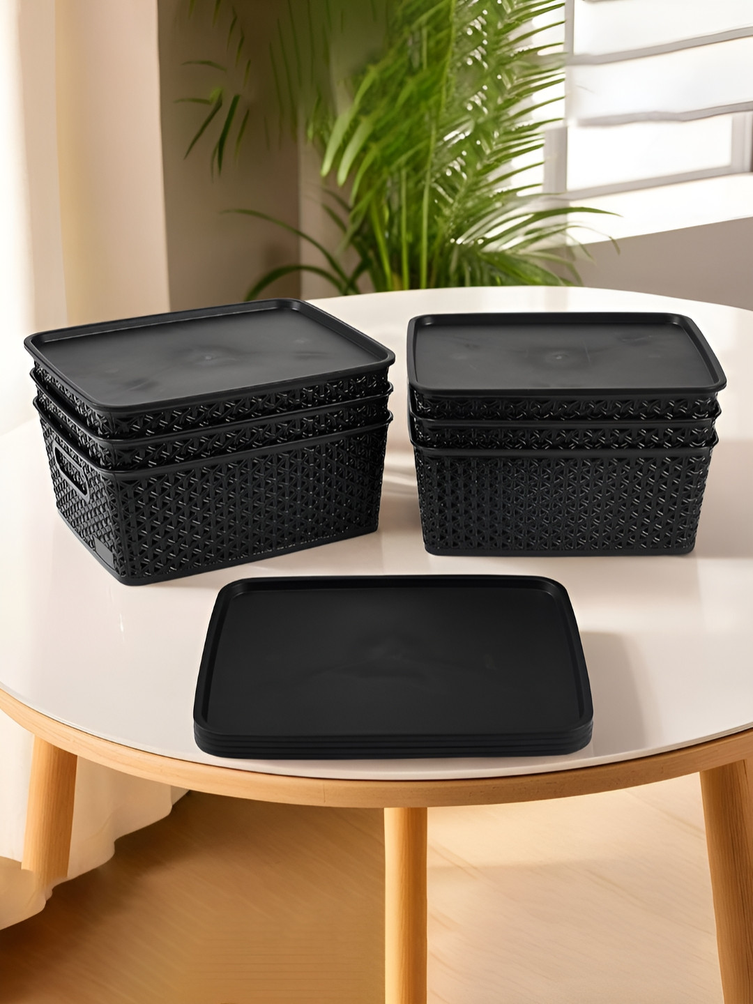 Aura Black 6 Pcs Stackable Plastic Multi-Purpose Storage Box with Lid