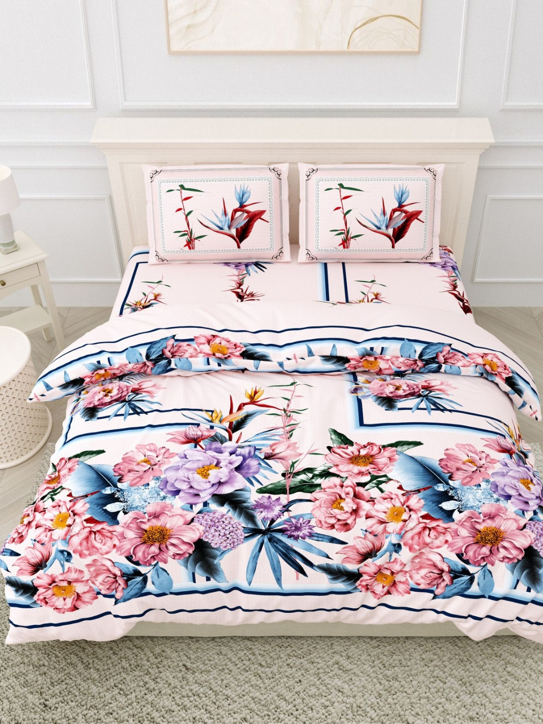 Myntra Elegant Homes Digital Pink Floral Cotton Breathable 180 TC King Bedsheet with 2 Pillow Covers-106 x 106 inches