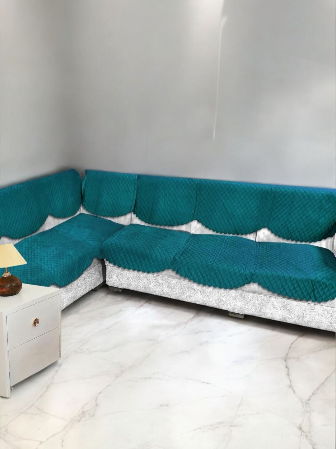 BIGGER FISH Green Solid Velvet Sofa Cover