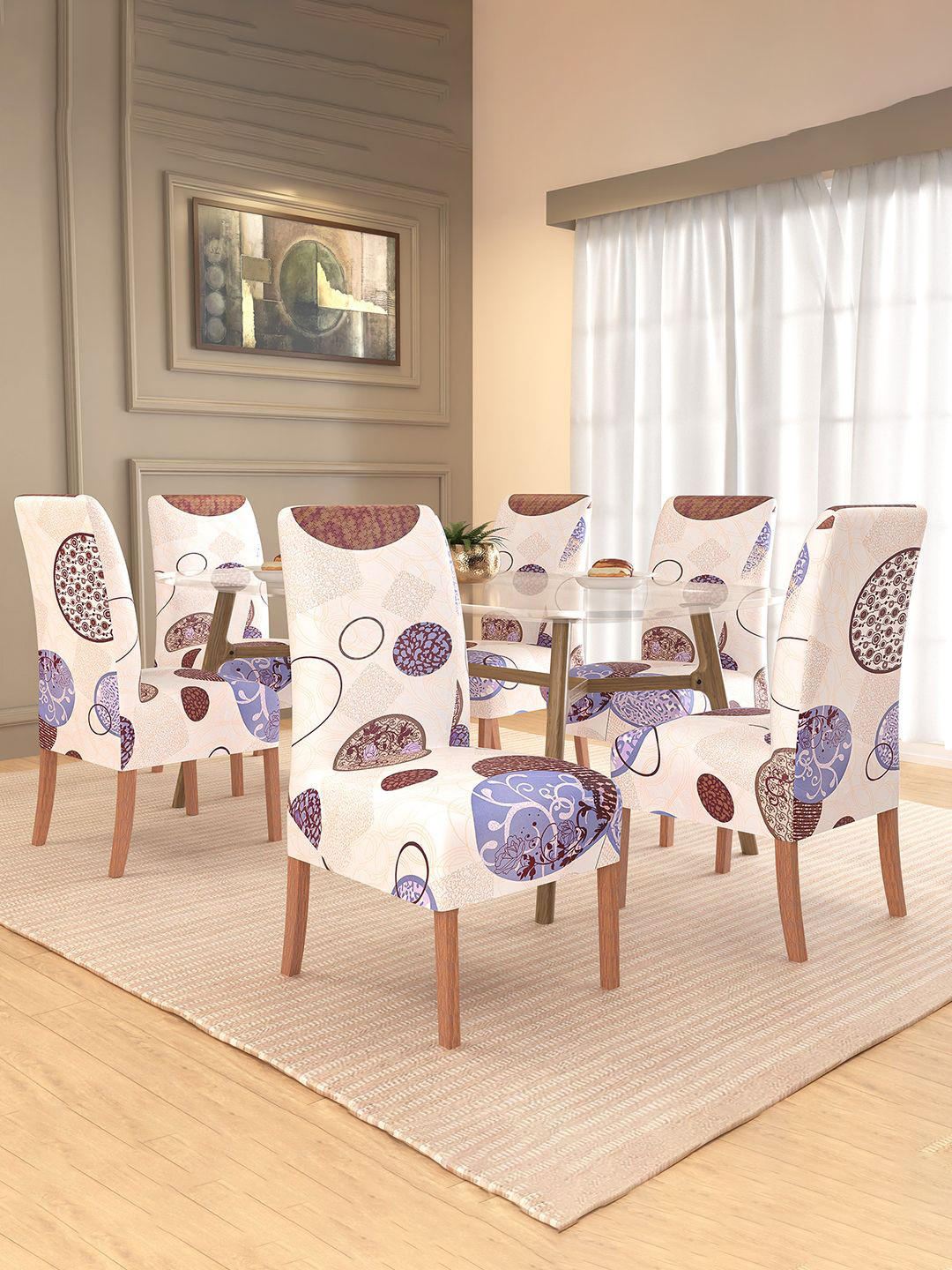 Kuber Industries 6-Pcs Cream-Colored & Brown Gola Printed Stretchable Dining Chair Cover