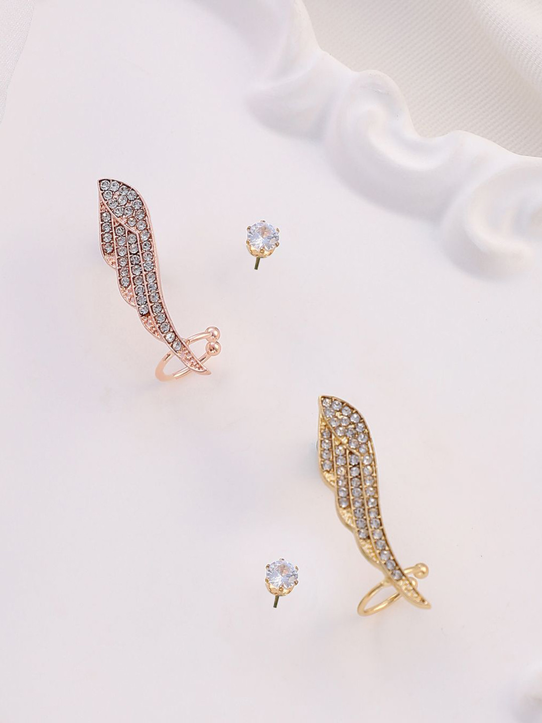 SOHI Set Of 2 Gold-Plated Stone Studded Contemporary Bling Wing Studs & Ear Cuff Earrings