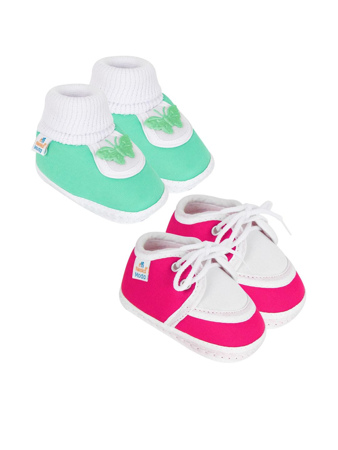 NESKA MODA Newborn 2 Pair Set 3 To 12 Month Unisex Baby Cotton Butterfly Design Soft Lace Booties