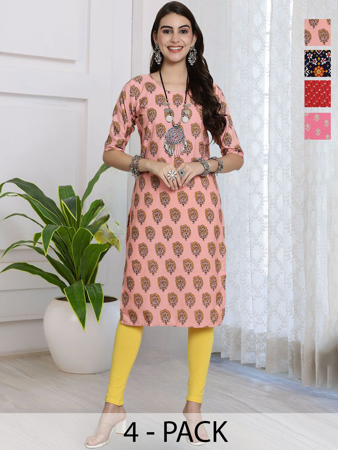 HERE&NOW Selection Of 4 Ethnic Motifs Printed Round Neck Straight Kurtas